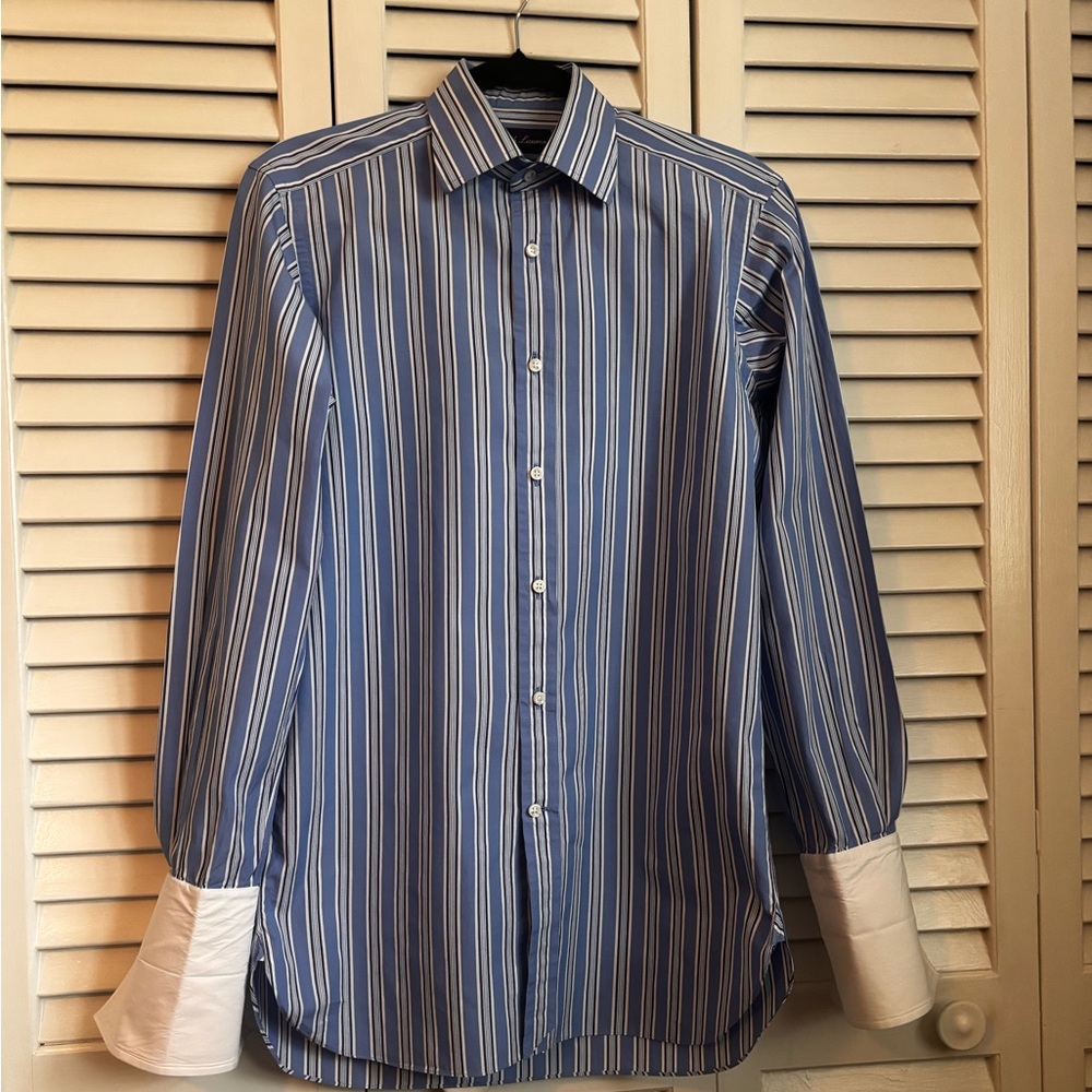 Ralph Lauren Purple Label Blue Multi-Stripe Dress Shirt with White French Cuffs